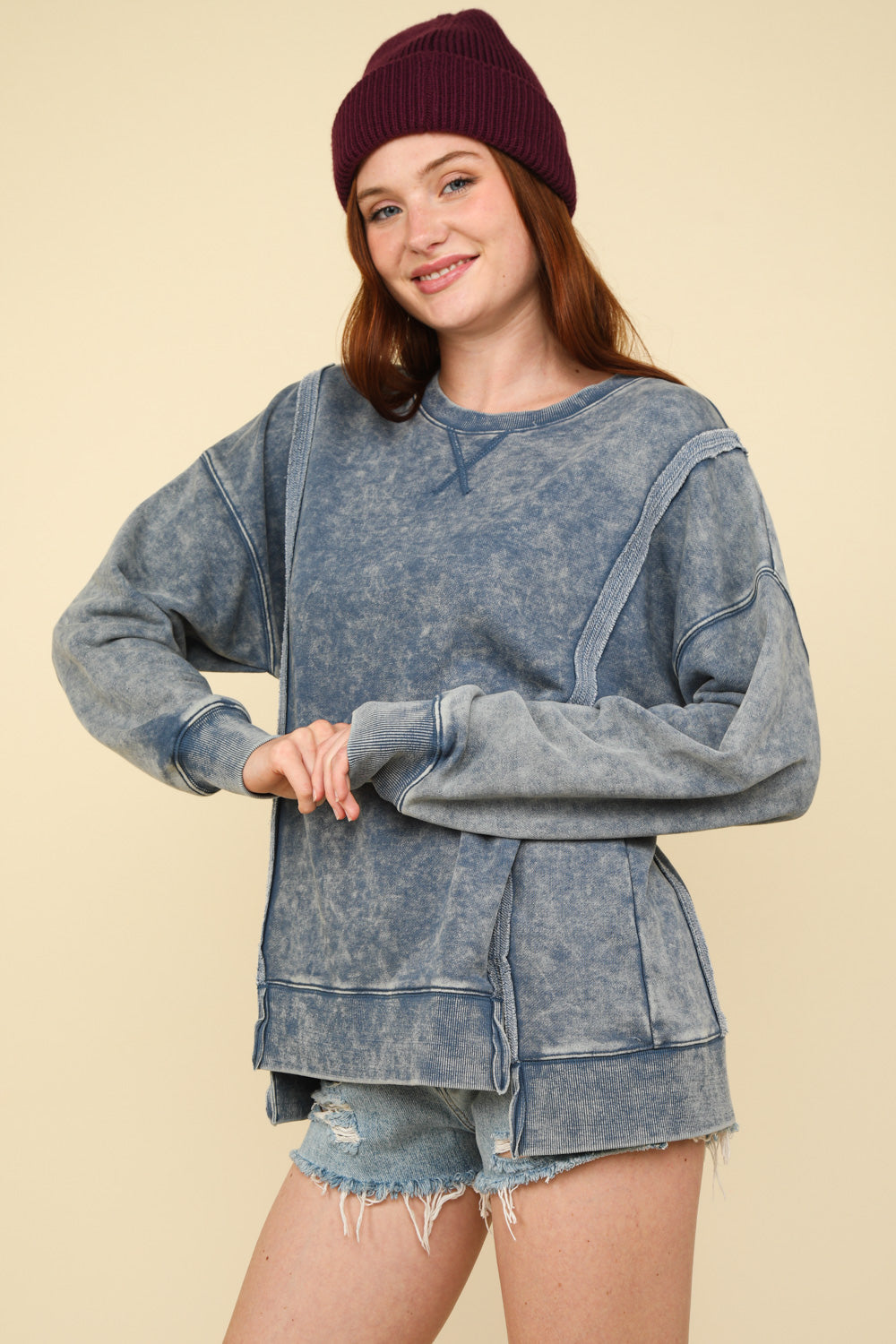 Laina Mineral Washed French Terry Sweatshirt- Denim (Size Small)