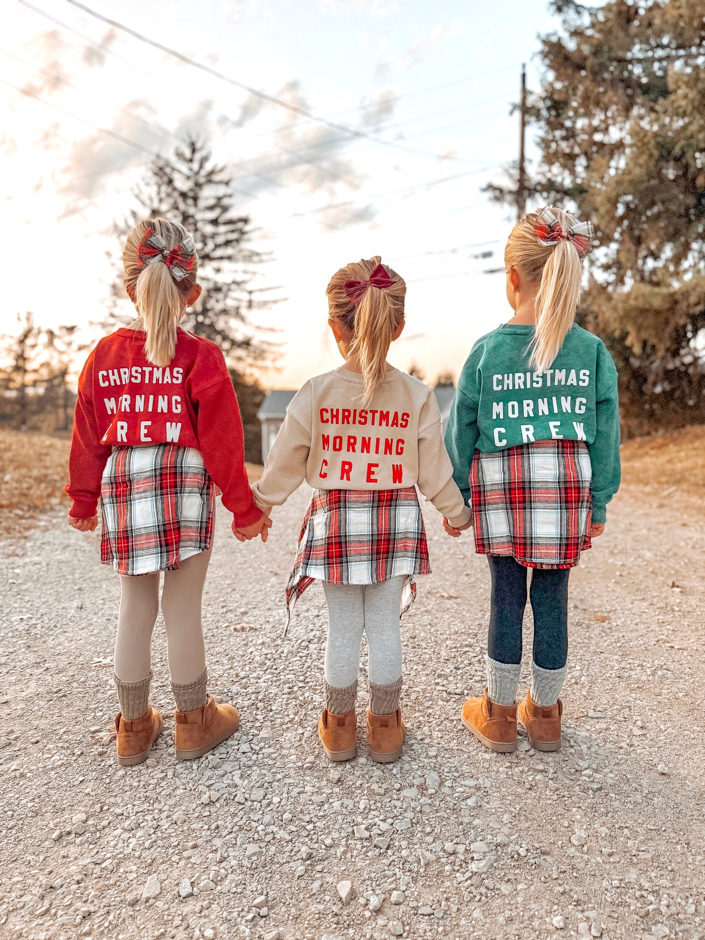 Kids Christmas Morning Crew Waffle Sleeve Crewneck - Ruby