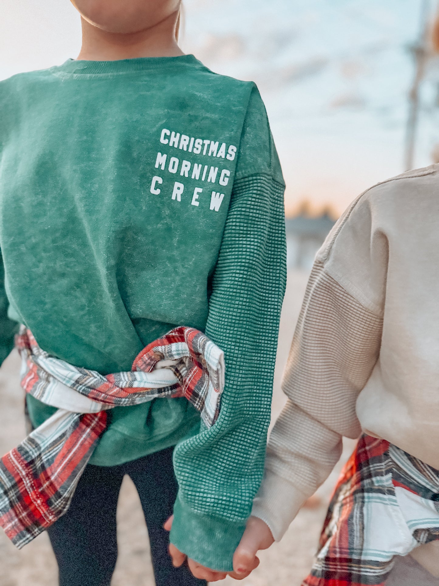 Kids Christmas Morning Crew Waffle Sleeve Crewneck - Pine