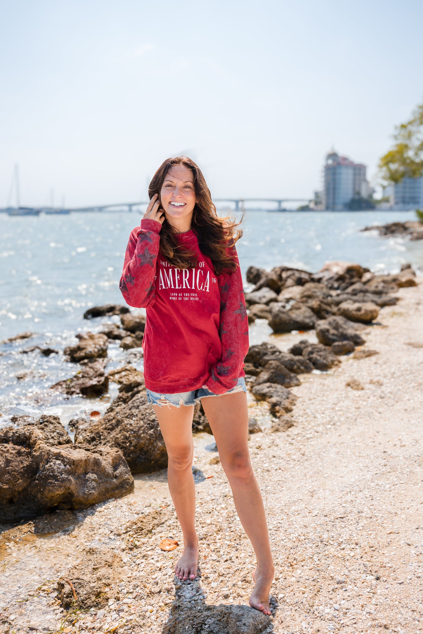 America Adult Waffle Sleeve Star Crewneck - Red