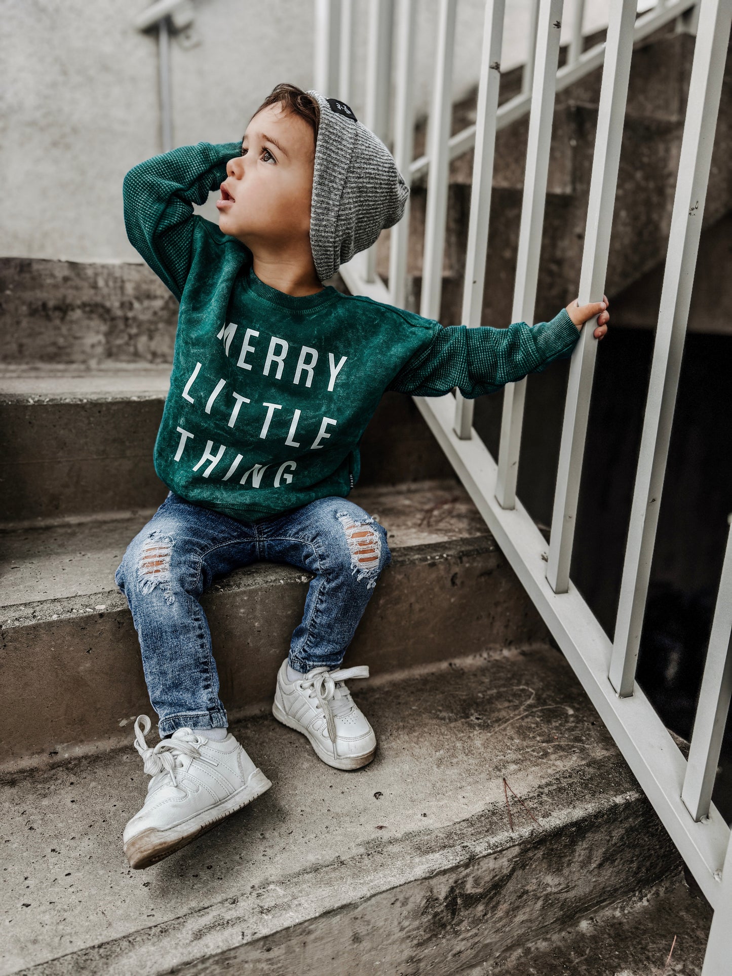 Merry Little Thing Child Waffle Sleeve Crewneck- 3 Colors
