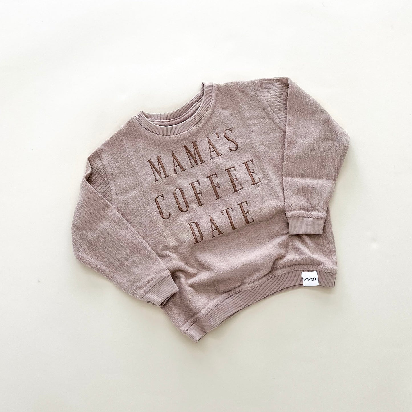Mama's Coffee Date Embroidered Corded Crewneck -  Latte