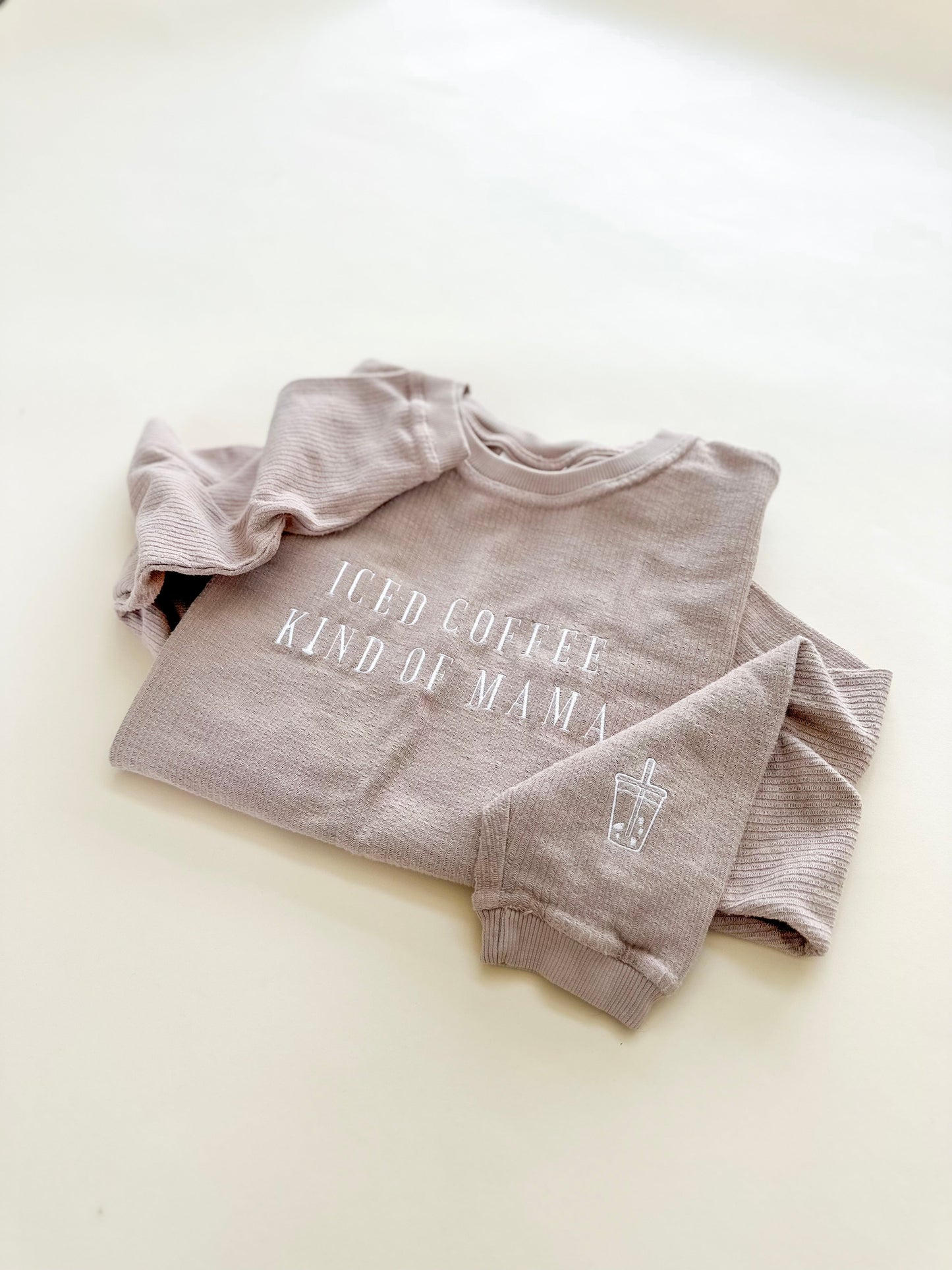 Iced Coffee Kind of Mama Embroidered Corded Crewneck - Latte