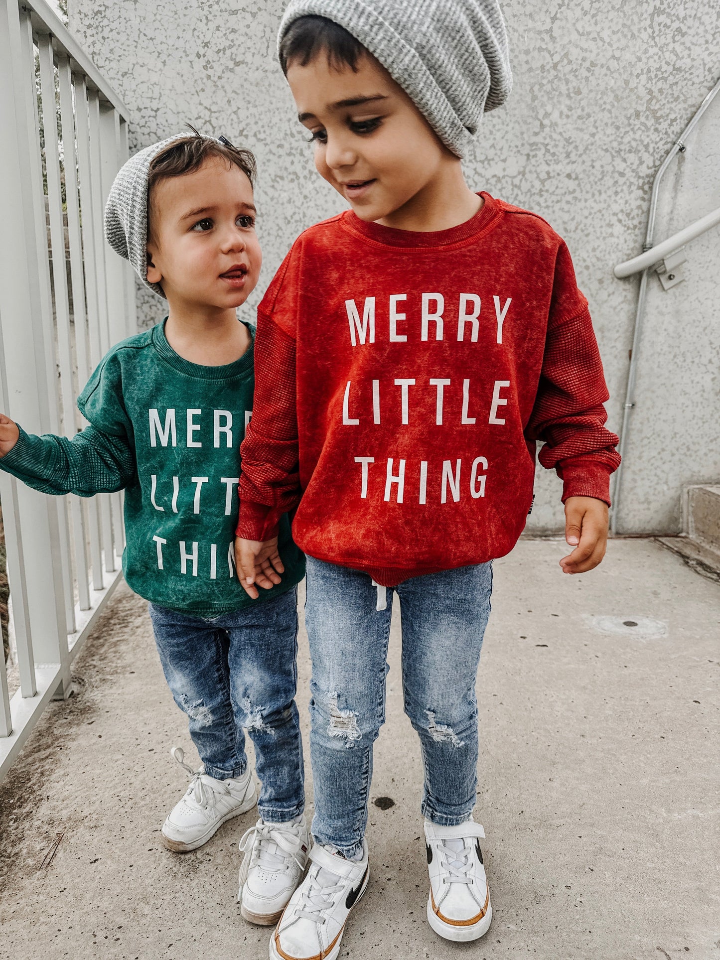 Merry Little Thing Child Waffle Sleeve Crewneck- 3 Colors