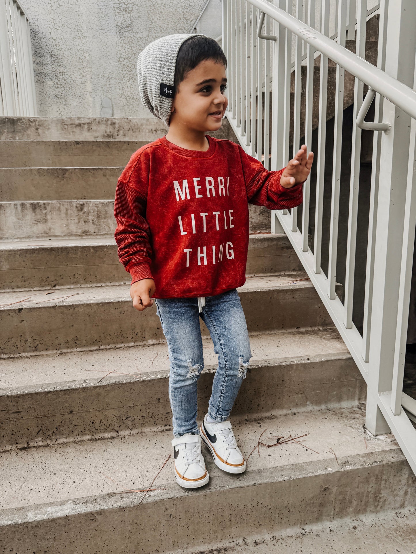 Merry Little Thing Child Waffle Sleeve Crewneck- 3 Colors