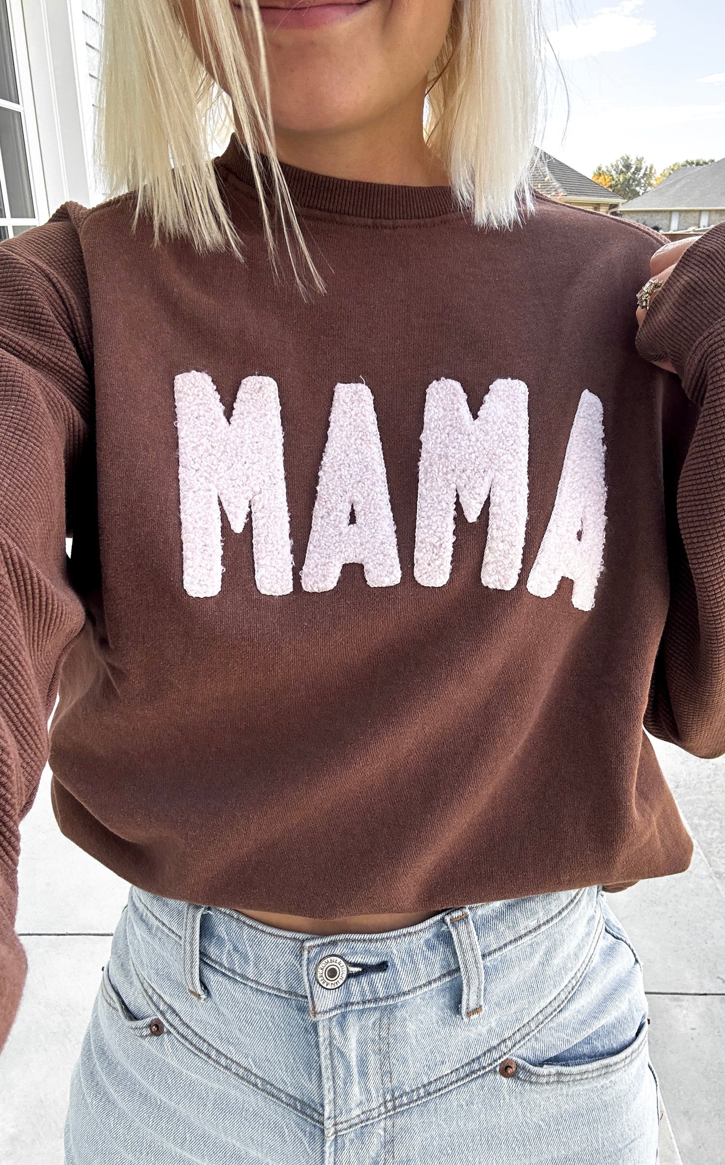 Mama Chenille Adult Waffle Sleeve Crewneck - Faded Mocha
