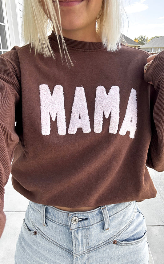 Mama Chenille Adult Waffle Sleeve Crewneck - Faded Mocha