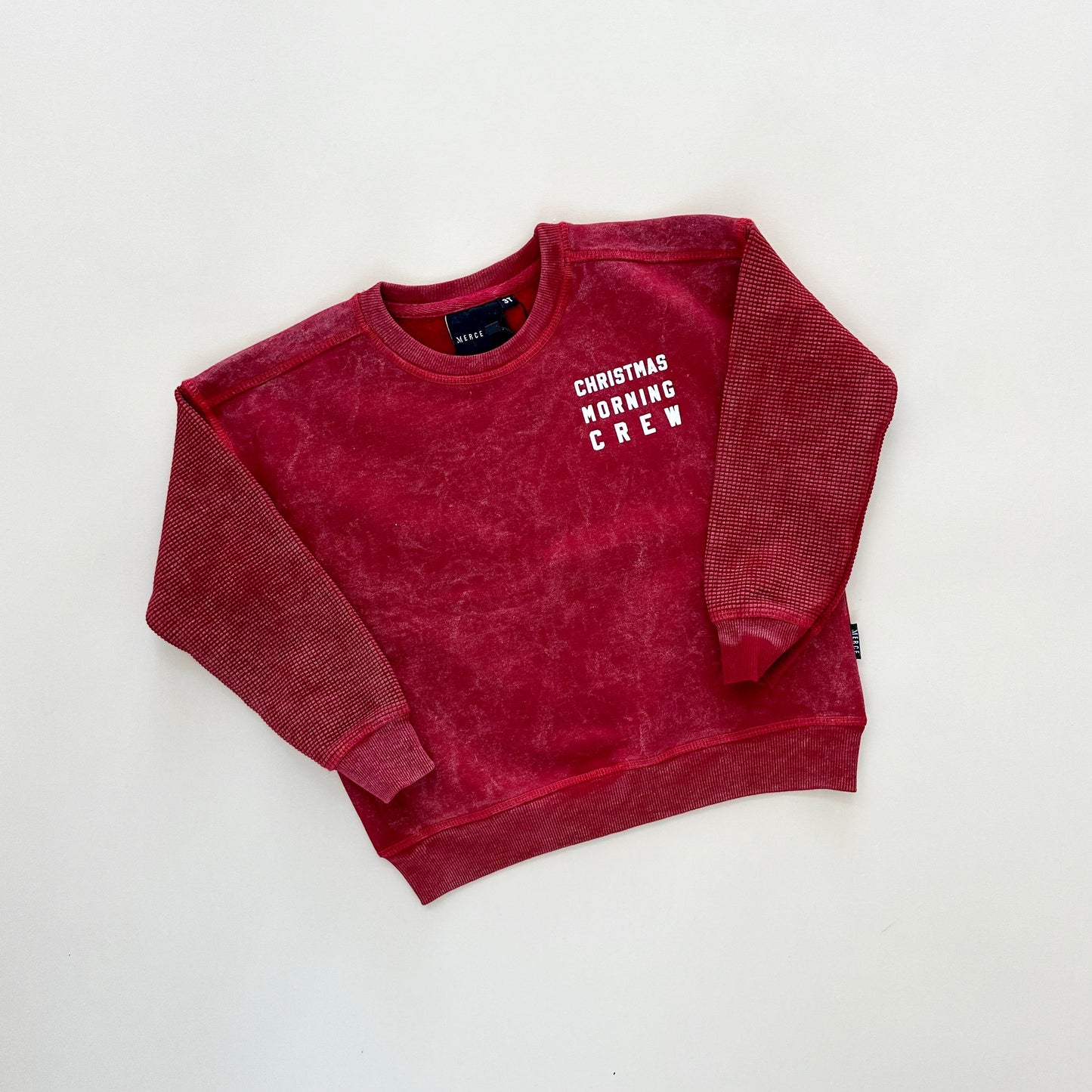 Kids Christmas Morning Crew Waffle Sleeve Crewneck - Ruby