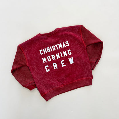 Kids Christmas Morning Crew Waffle Sleeve Crewneck - Ruby