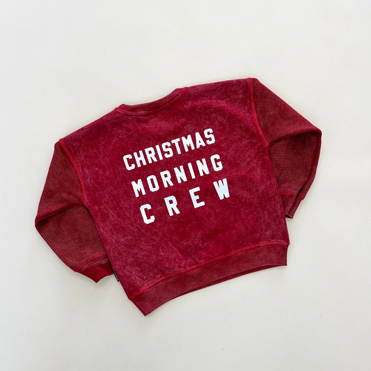 Kids Christmas Morning Crew Waffle Sleeve Crewneck - Ruby
