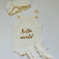 Hello World/Little Sister/Little Brother Embroidered Newborn Romper Set with Booties & Hat/Headband Option