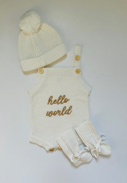 Hello World/Little Sister/Little Brother Embroidered Newborn Romper Set with Booties & Hat/Headband Option