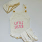 Hello World/Little Sister/Little Brother Embroidered Newborn Romper Set with Booties & Hat/Headband Option