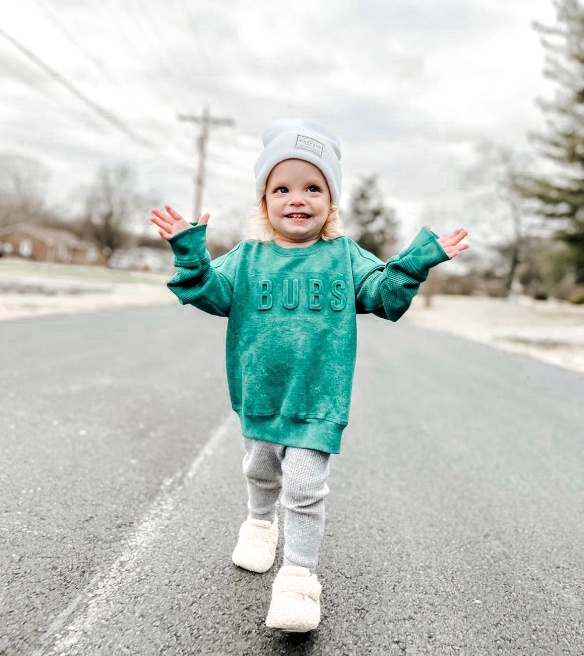 Bubs Signature Waffle Sleeve Crewneck - Pine