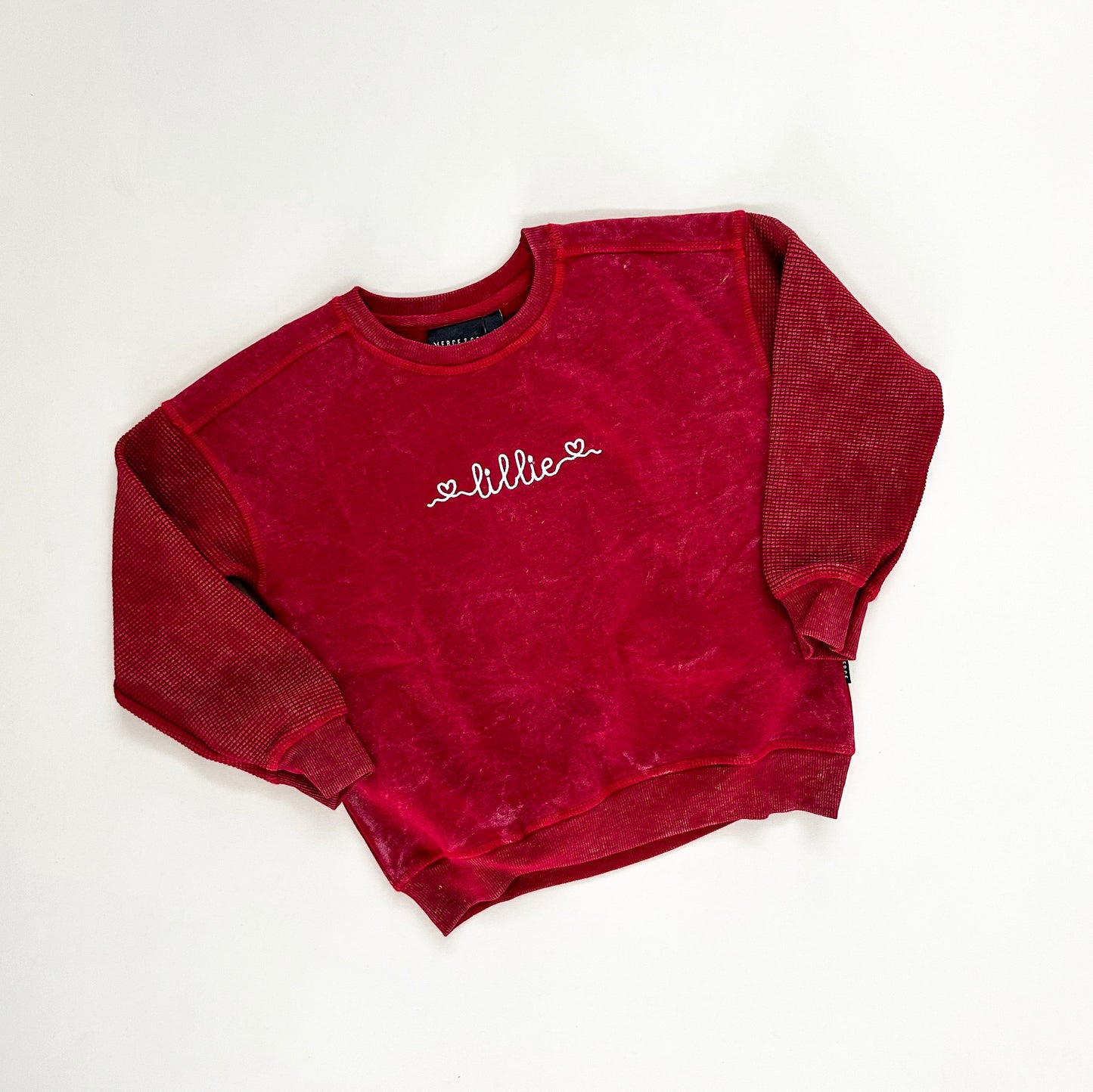 Custom Embroidered Heart Script Child Waffle Sleeve Crewneck
