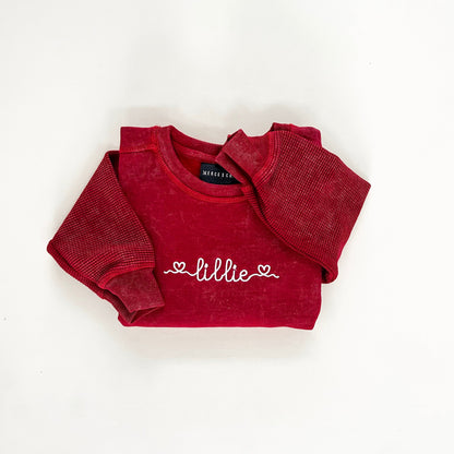 Custom Embroidered Heart Script Child Waffle Sleeve Crewneck
