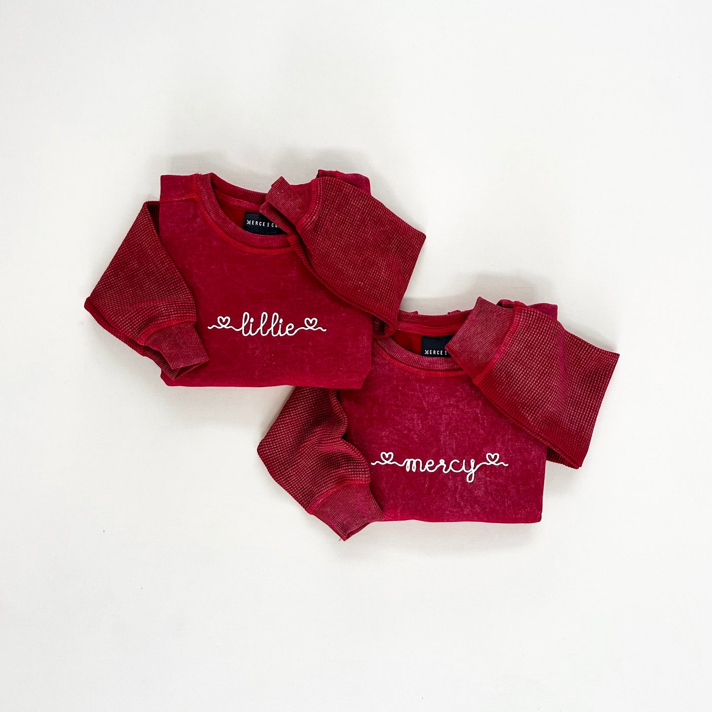 Custom Embroidered Heart Script Child Waffle Sleeve Crewneck