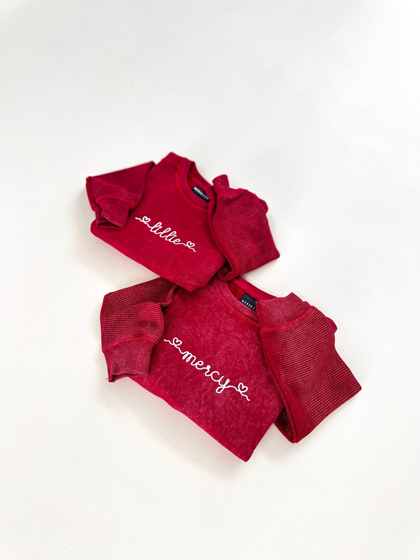 Custom Embroidered Heart Script Child Waffle Sleeve Crewneck