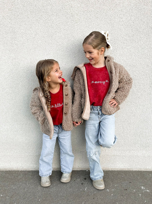 Custom Embroidered Heart Script Child Waffle Sleeve Crewneck