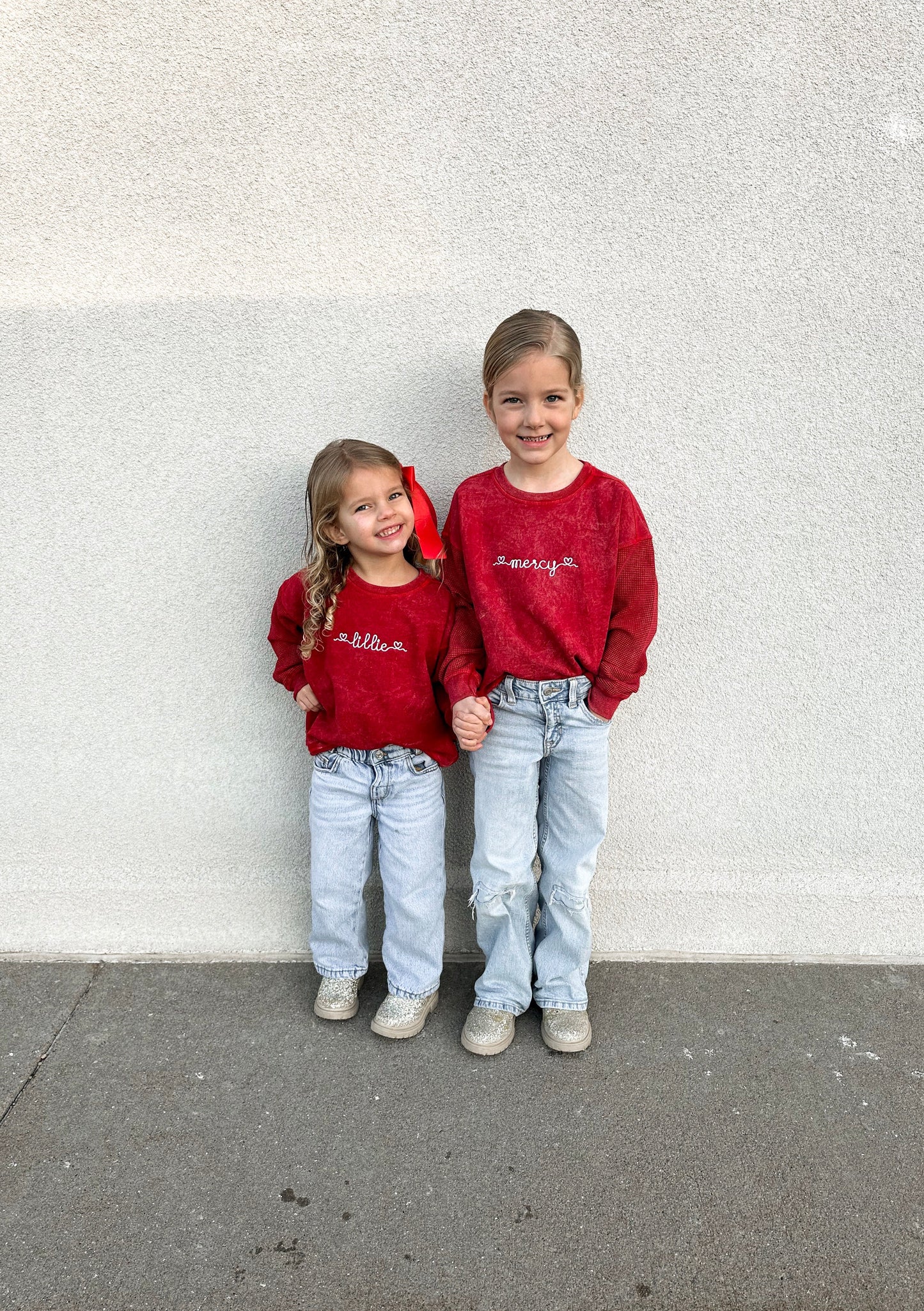 Custom Embroidered Heart Script Child Waffle Sleeve Crewneck