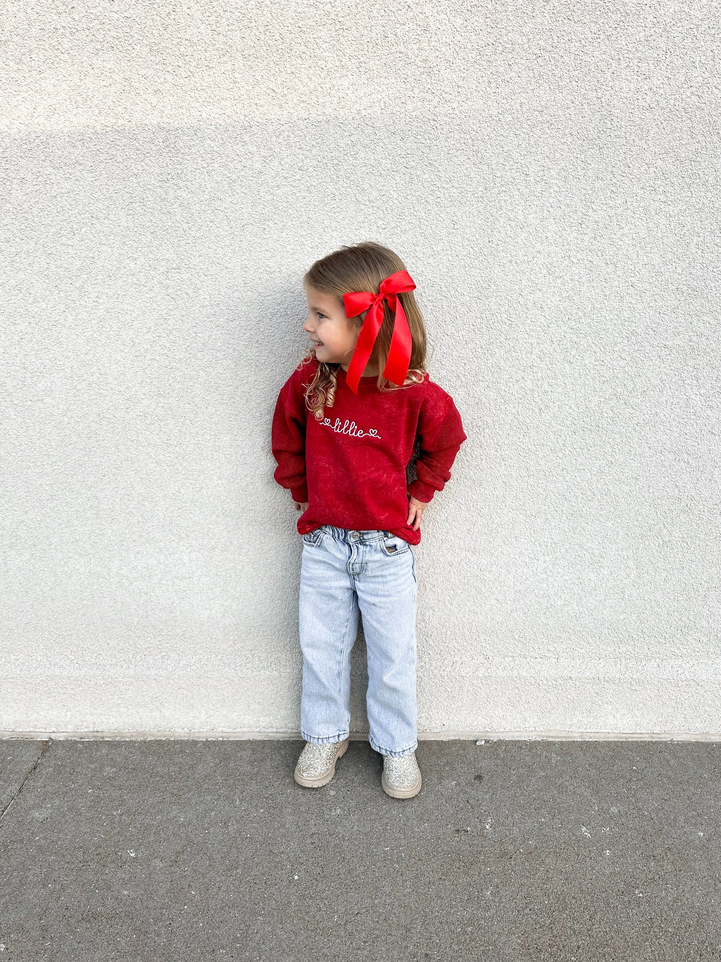 Custom Embroidered Heart Script Child Waffle Sleeve Crewneck