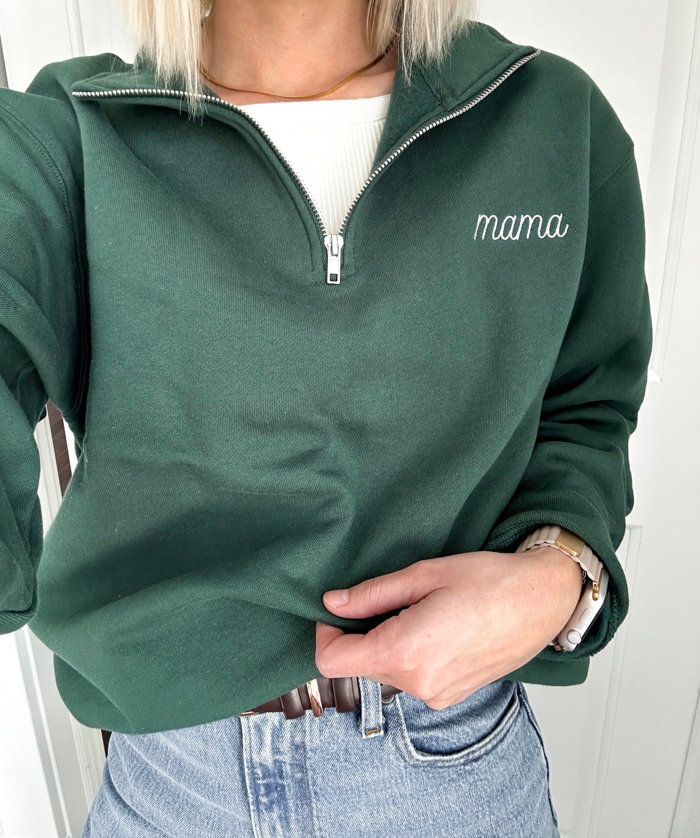 Mama Embroidered Cursive Quarter Zip