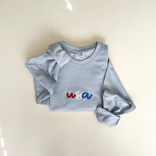 USA Cursive Embroidered Adult Crewneck - Fog