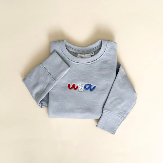 USA Cursive Embroidered Child Crewneck - Fog