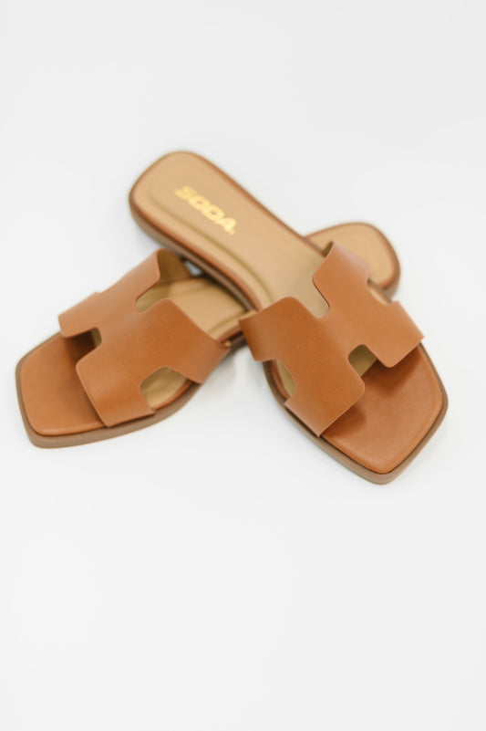 Knit Square Toe Slide on Sandal in Cognac