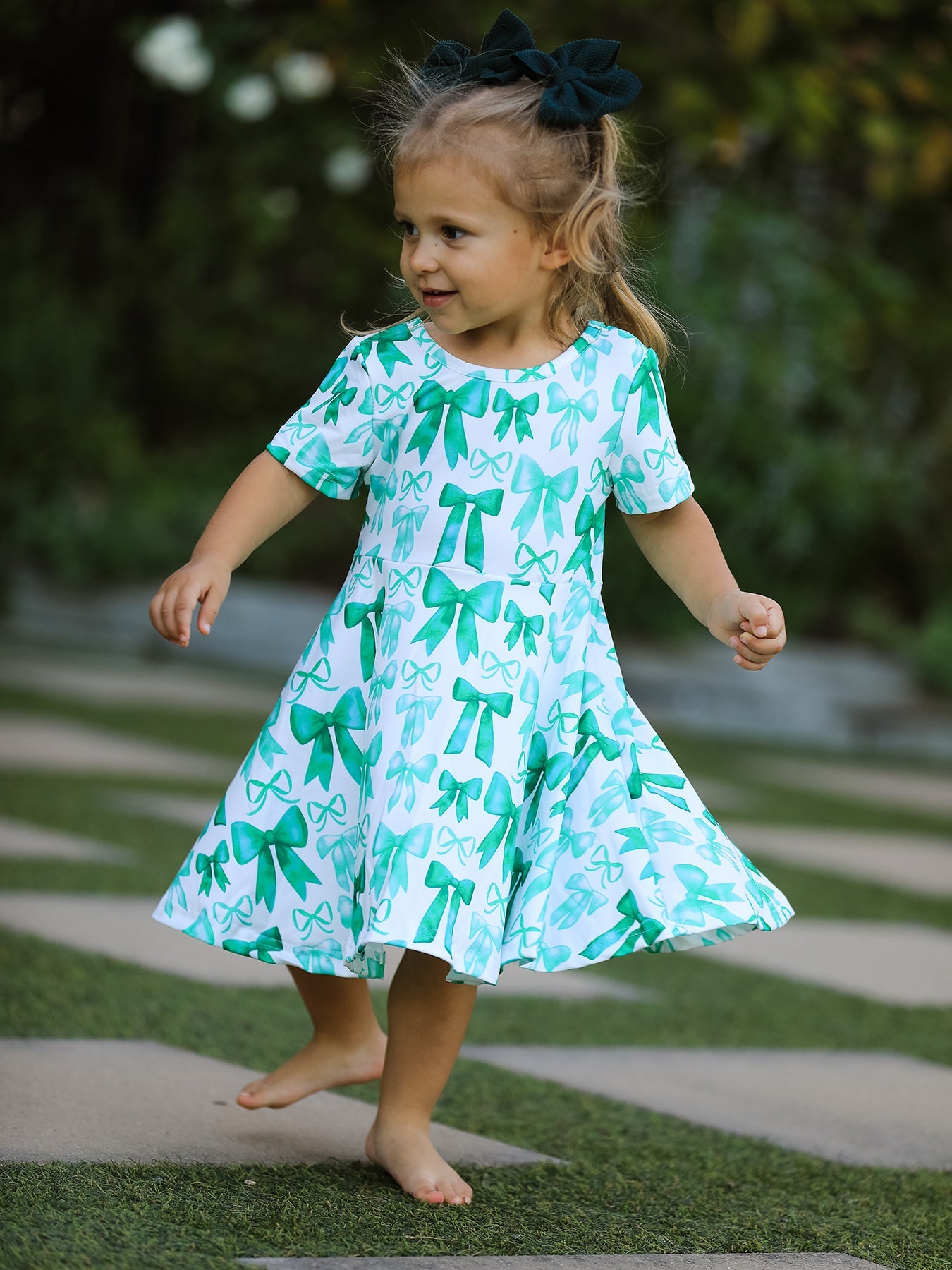 St. Patrick's Day Bow Print  Short Sleeves Girls Dress