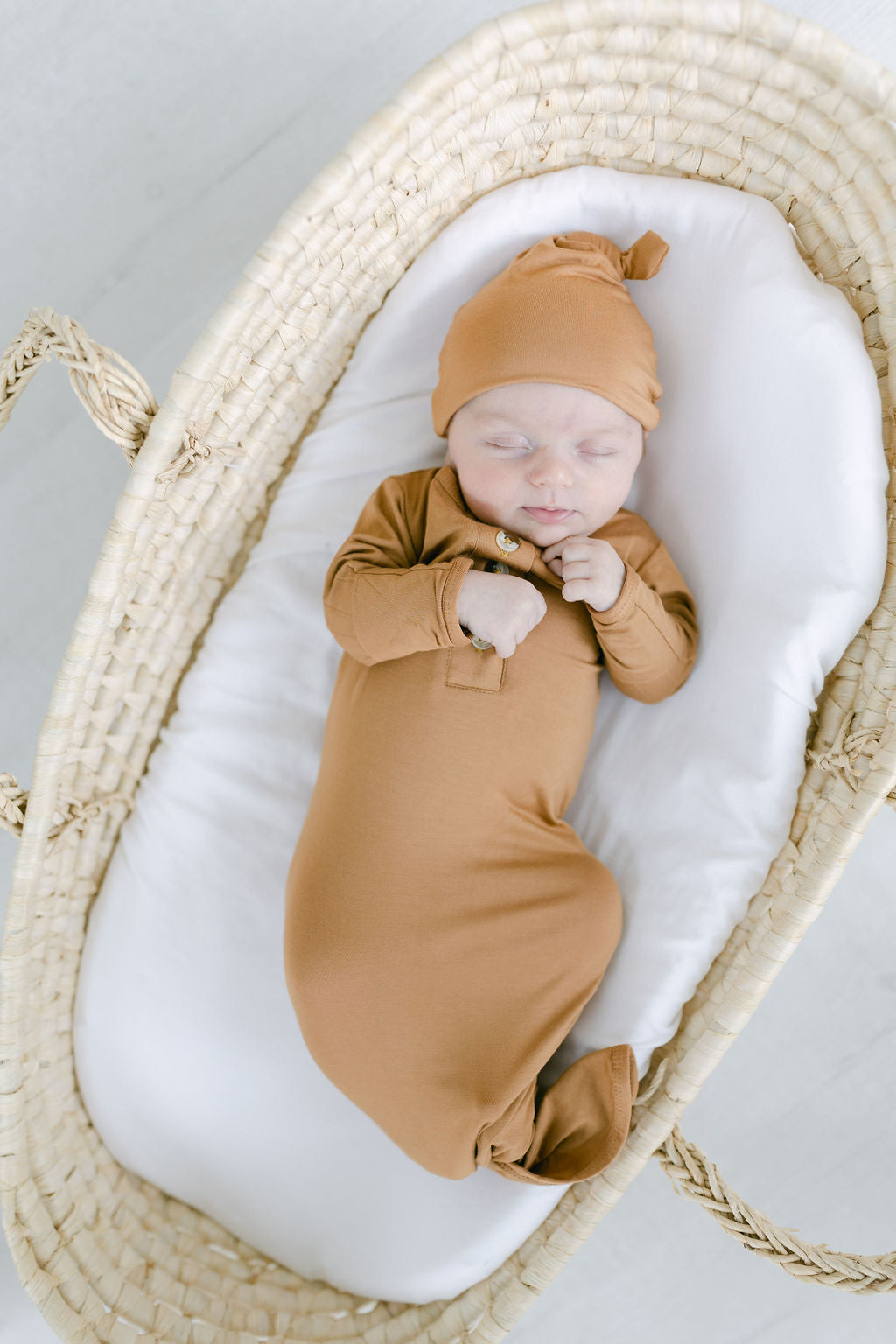 Camel Brown Knotted Baby Gown With Hat/Headband Option (Newborn-3 months)