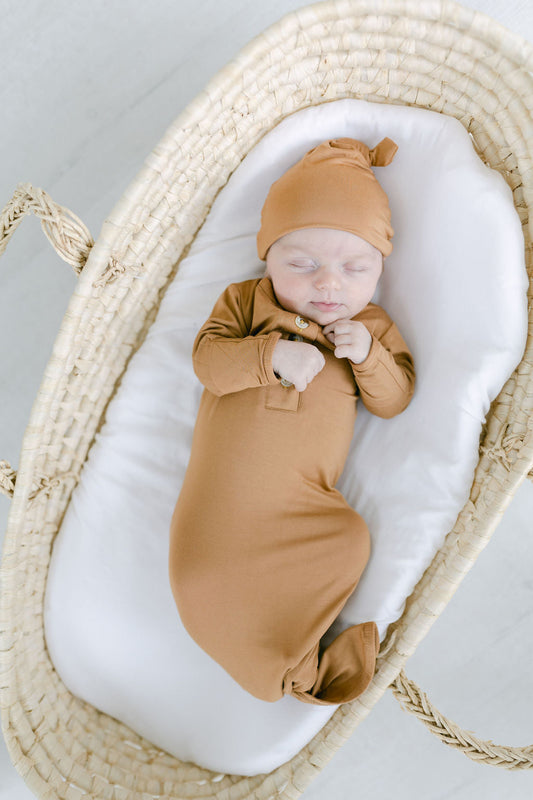 Camel Brown Knotted Baby Gown With Hat/Headband Option (Newborn-3 months)