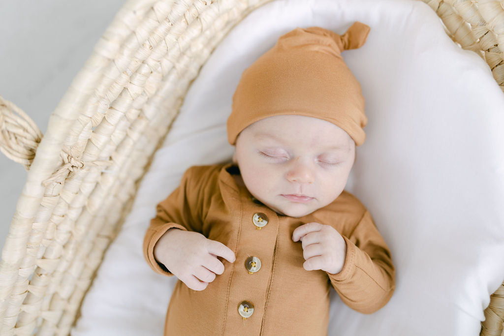 Camel Brown Knotted Baby Gown With Hat/Headband Option (Newborn-3 months)