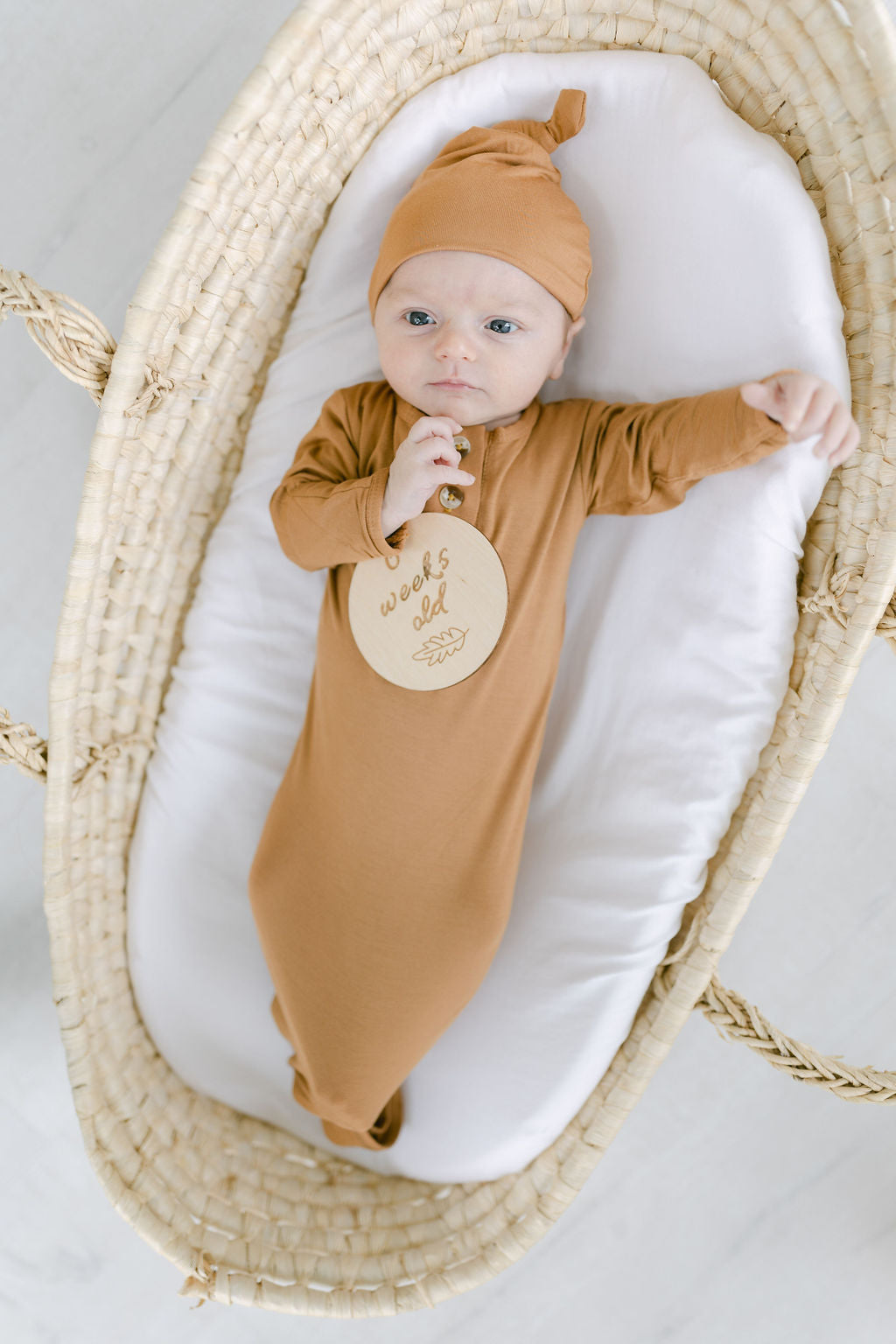 Camel Brown Knotted Baby Gown With Hat/Headband Option (Newborn-3 months)