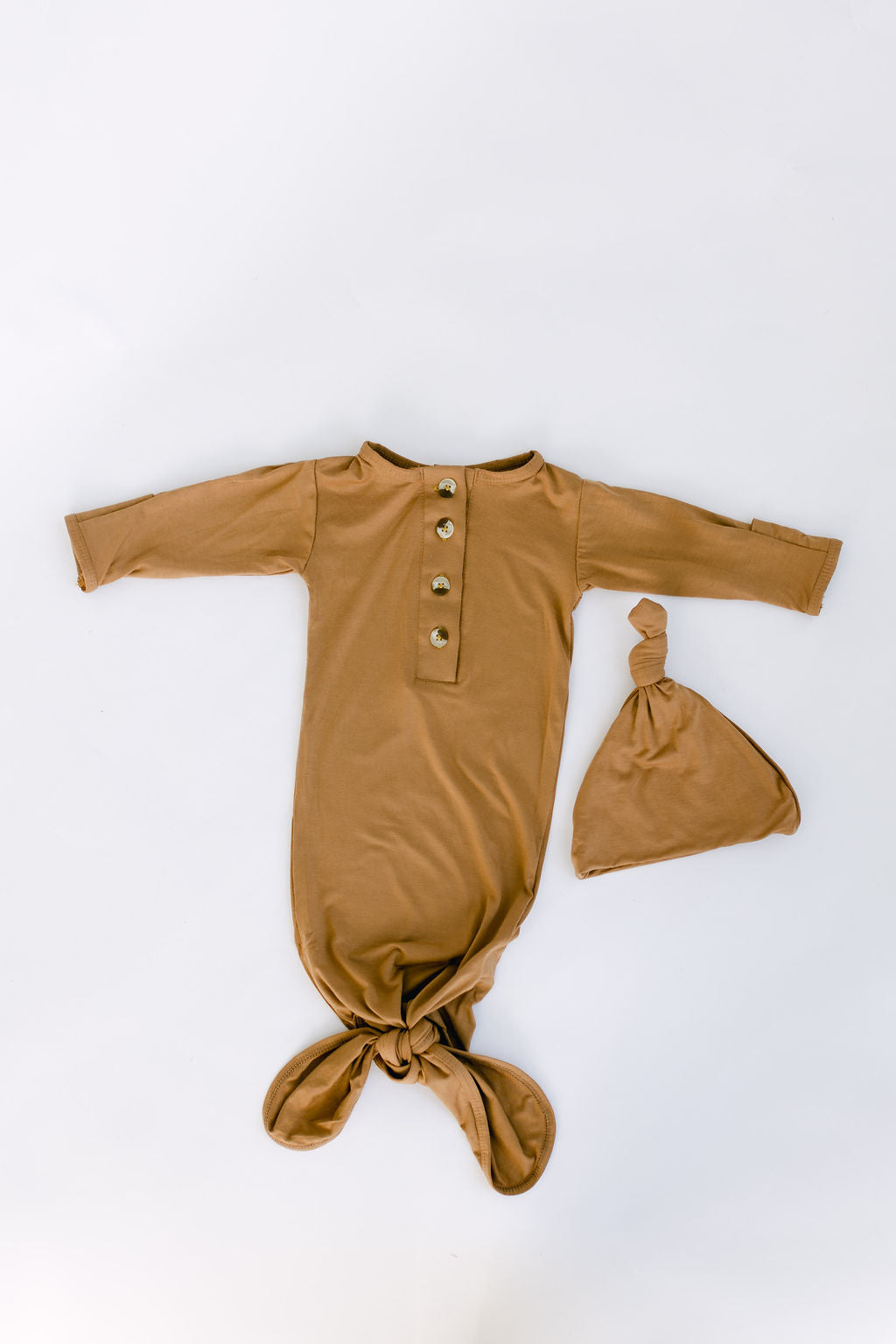 Camel Brown Knotted Baby Gown With Hat/Headband Option (Newborn-3 months)