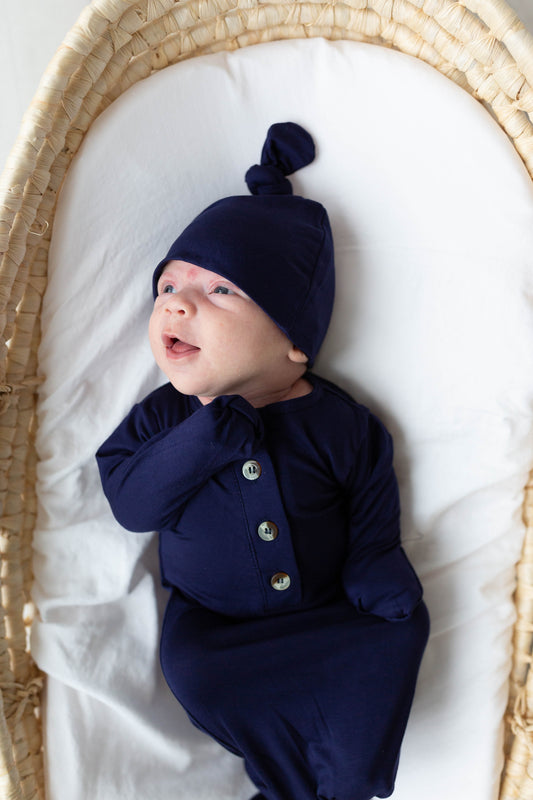 Navy Blue Newborn Knotted Gown and Hat Set
