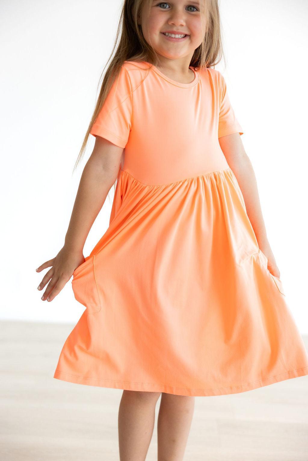 Neon Coral Short Sleeve Pocket Twirl Dress
