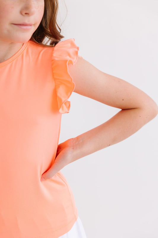 Neon Coral Short Sleeve Ruffle Tee