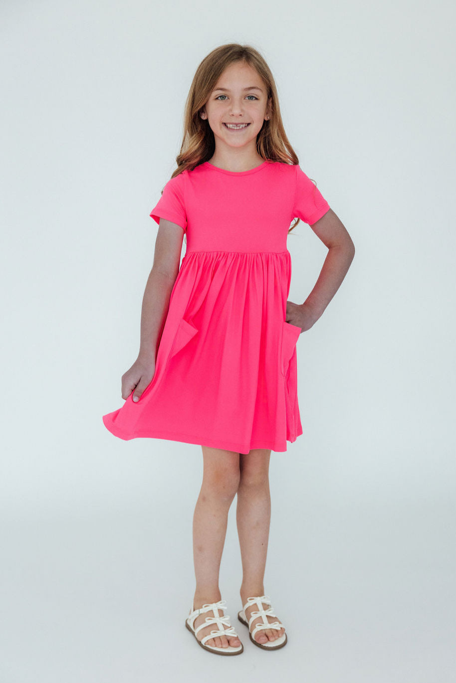 Neon Pink Short Sleeve Pocket Twirl Dress