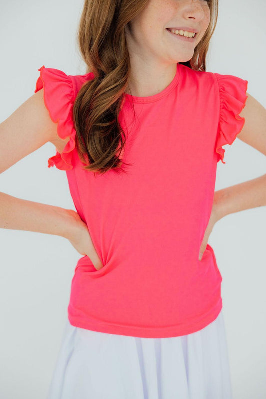 Neon Pink Short Sleeve Ruffle Tee