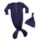 Navy Blue Newborn Knotted Gown and Hat Set