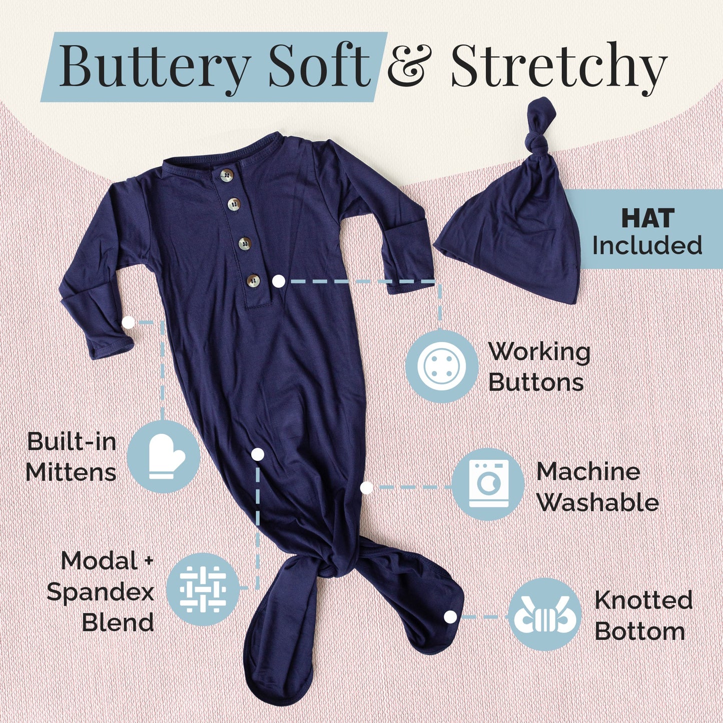 Navy Blue Newborn Knotted Gown and Hat Set