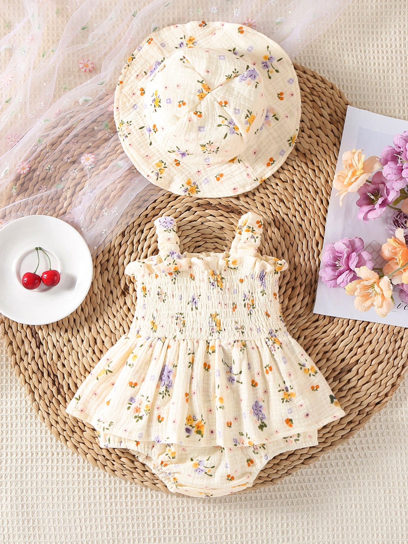Muslin Floral Smocked Baby Romper with Matching Hat