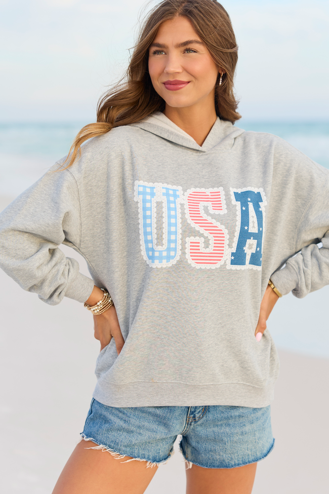 USA Lace Print Light Grey Graphic Hoodie