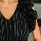 Pinstripe Romance V-Neck Ruffle Sleeve Dress in Black
