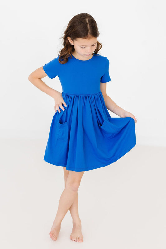 Royal Blue Short Sleeve Pocket Twirl Dress