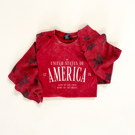 America Adult Waffle Sleeve Star Crewneck - Red