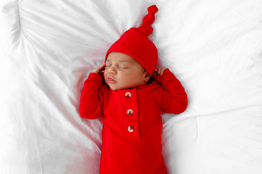 Holiday Red Knotted Baby Gown Set With Hat/Headband Option (Newborn-3 months)