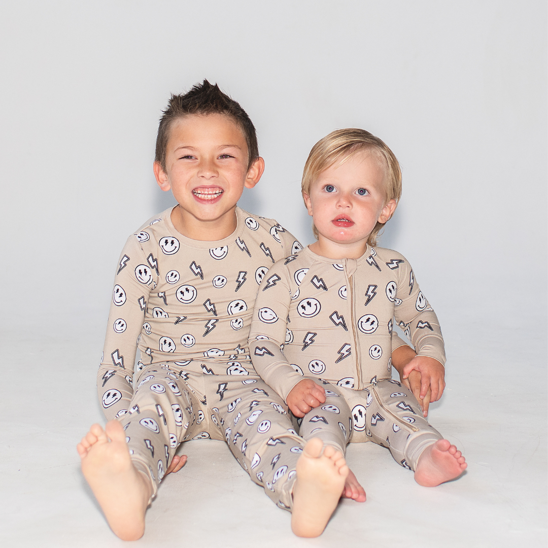 Electric Smiley Two-Piece Pajama Set- Beige