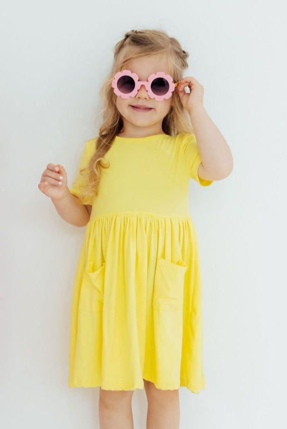 Yellow Short Sleeve Pocket Twirl Dress